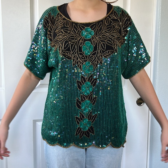 Vtg 90s floral EMERALD GREEN sequin beaded top shirt XL - Picture 5 of 11